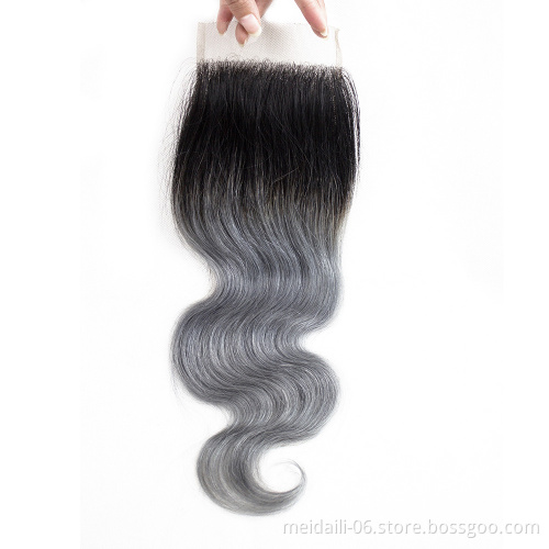 4x4 lace closure 1b/grey ombre color body wave human hair closure virgin brazilian 4*4 lace closure